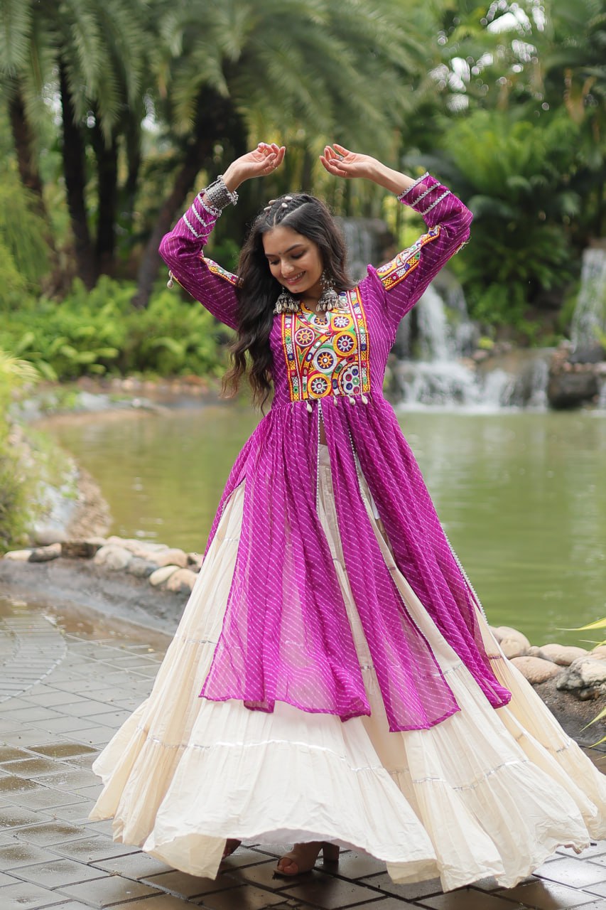 Purple Navaratri Lehenga in Cotton With 12 Meter Flair and Gamthi Work Kurti