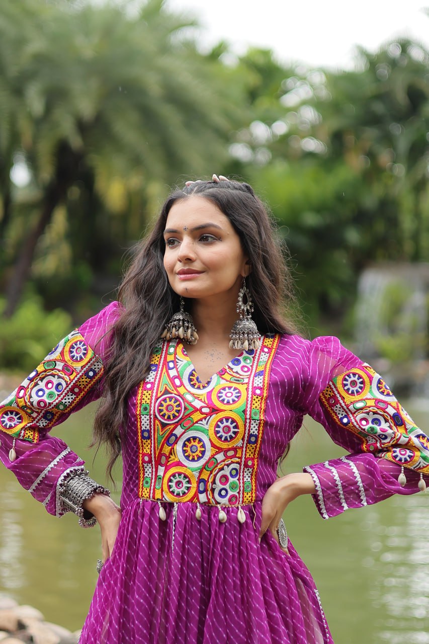 Purple Navaratri Lehenga in Cotton With 12 Meter Flair and Gamthi Work Kurti