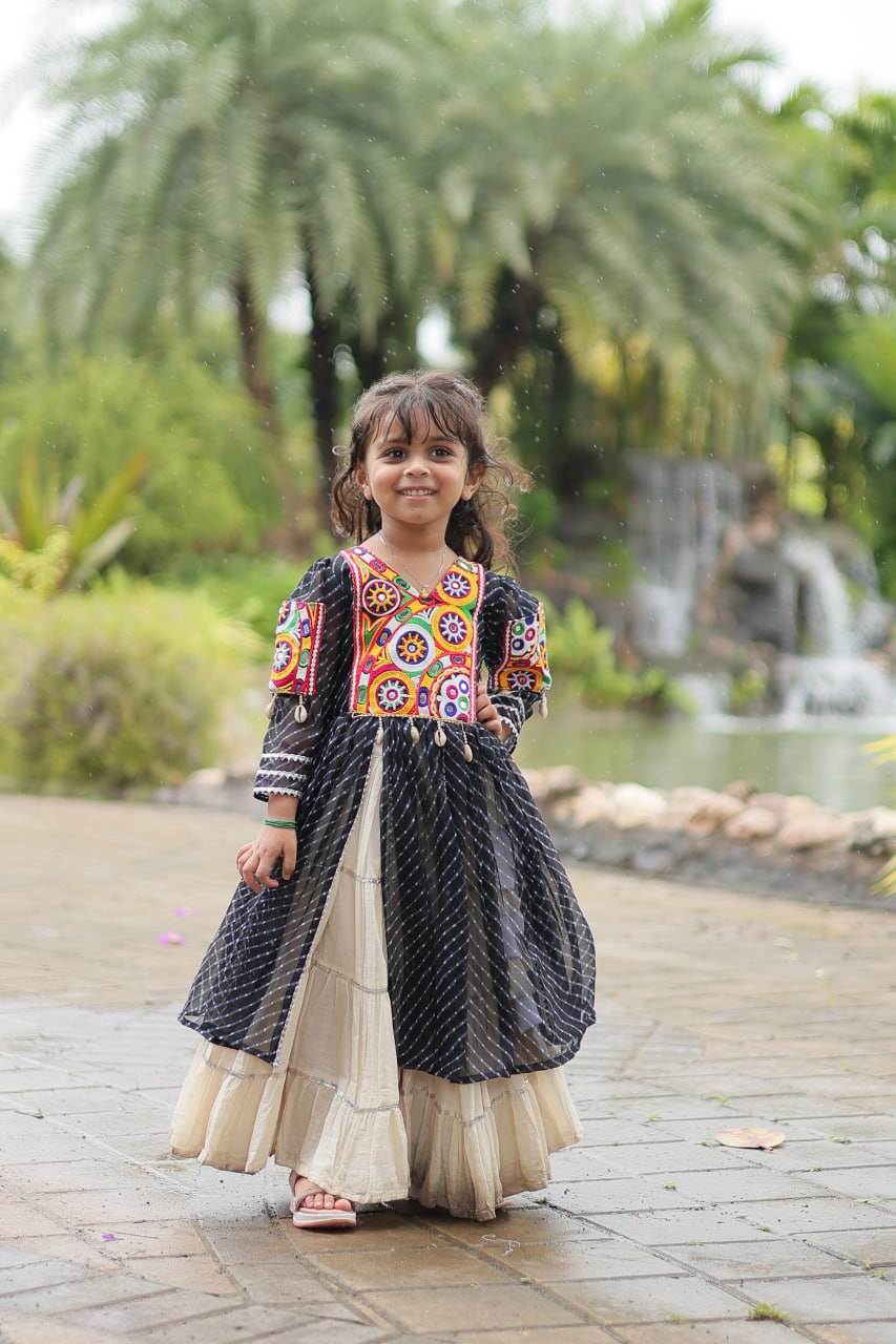 Navaratri Kids Lehenga in Cotton With Black Kurti Gamthi Work Ready to Wear