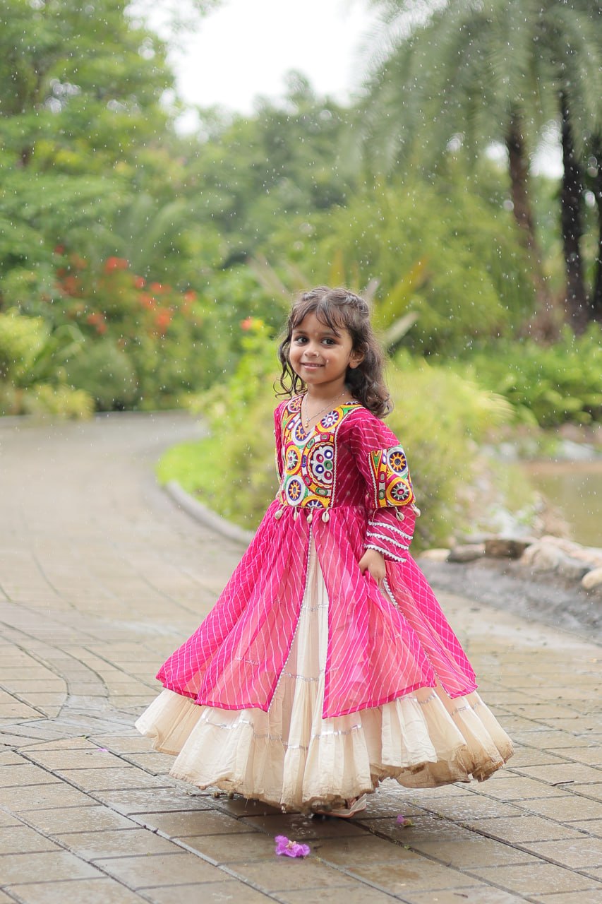 Navaratri Kids Lehenga in Cotton With Pink Kurti Gamthi Work Ready to Wear