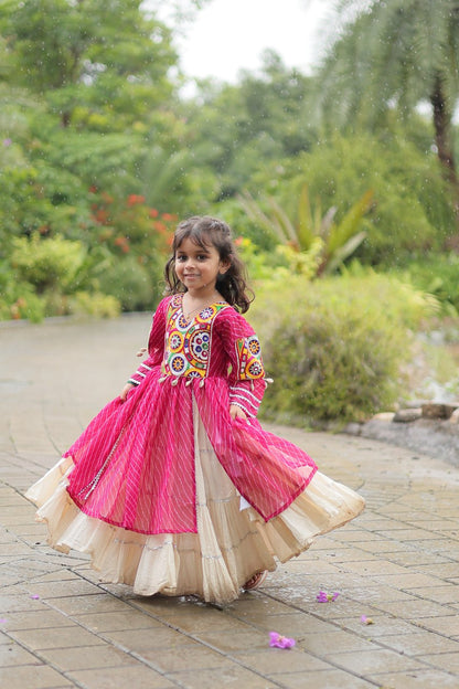 Navaratri Kids Lehenga in Cotton With Pink Kurti Gamthi Work Ready to Wear