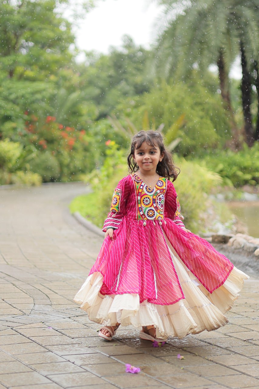 Navaratri Kids Lehenga in Cotton With Pink Kurti Gamthi Work Ready to Wear