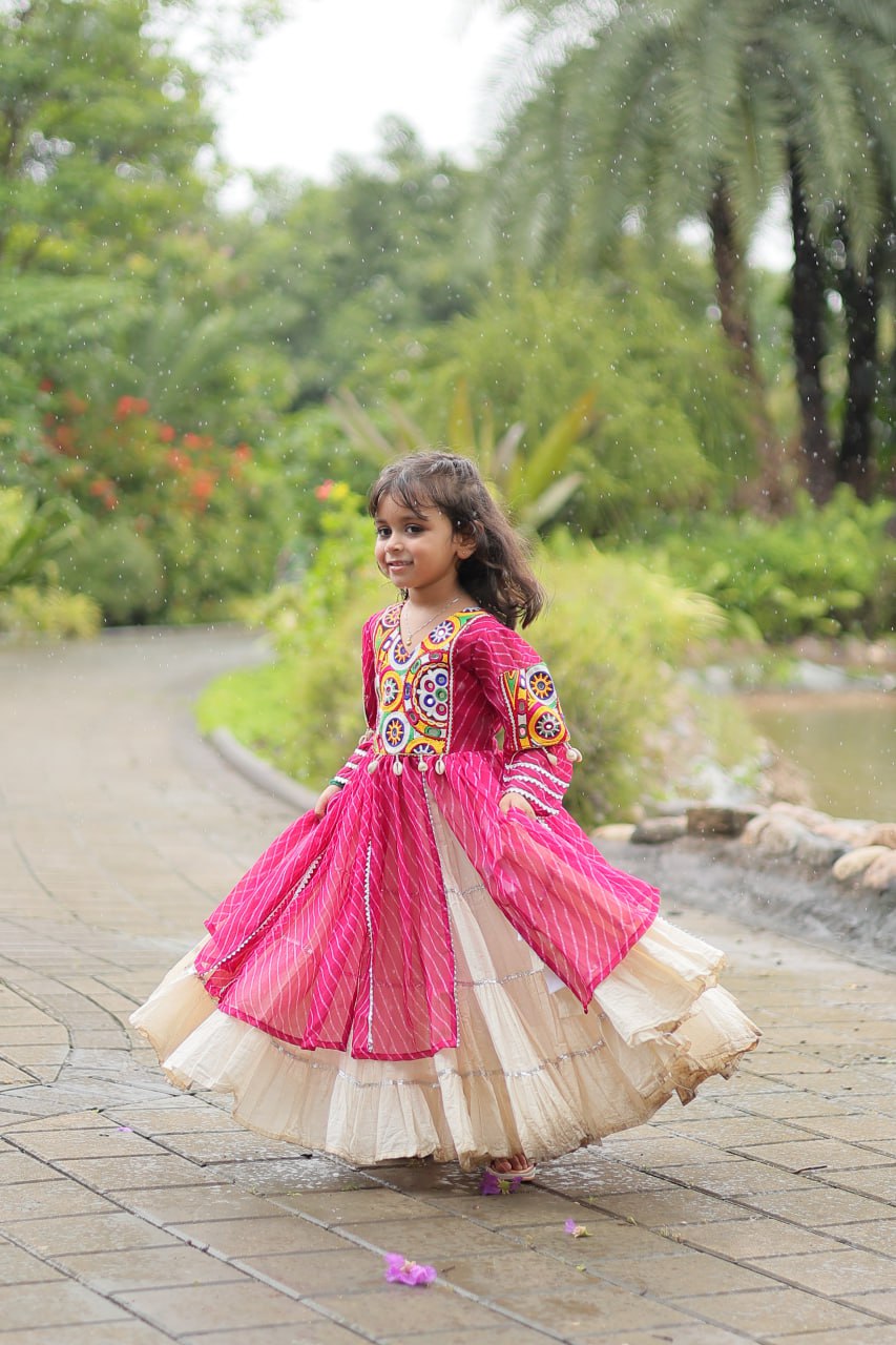 Navaratri Kids Lehenga in Cotton With Pink Kurti Gamthi Work Ready to Wear