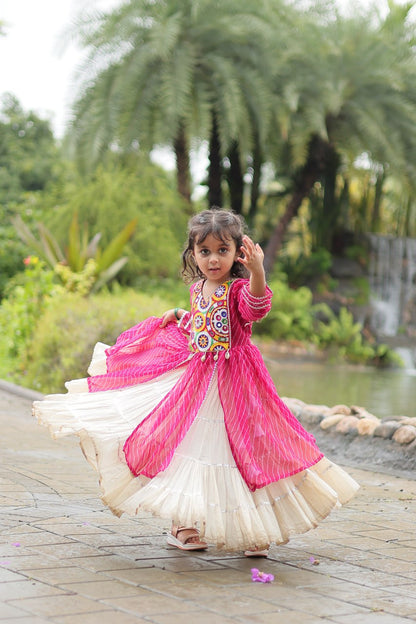 Navaratri Kids Lehenga in Cotton With Pink Kurti Gamthi Work Ready to Wear