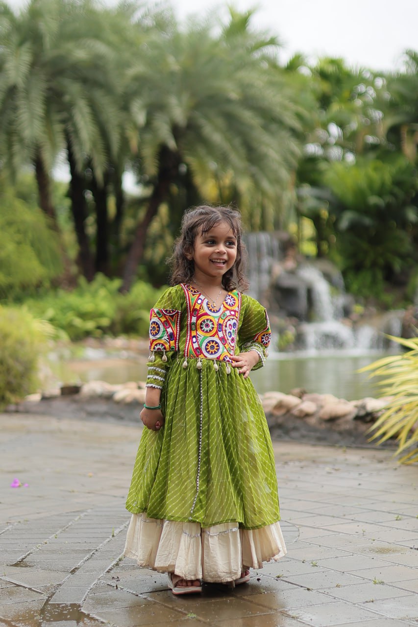 Navaratri Kids Lehenga in Cotton With Parrot Kurti Gamthi Work Ready to Wear