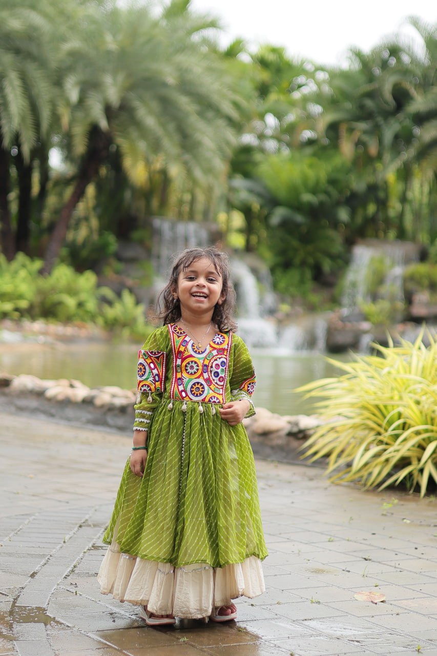 Navaratri Kids Lehenga in Cotton With Parrot Kurti Gamthi Work Ready to Wear