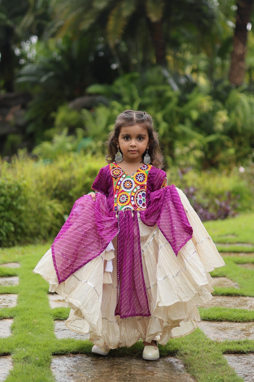 Navaratri Kids Lehenga in Cotton With Purple Kurti Gamthi Work Ready to Wear