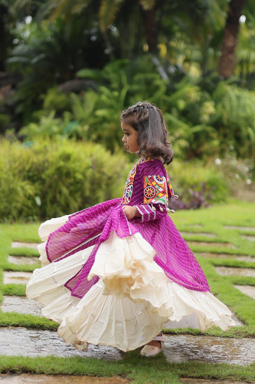 Navaratri Kids Lehenga in Cotton With Purple Kurti Gamthi Work Ready to Wear