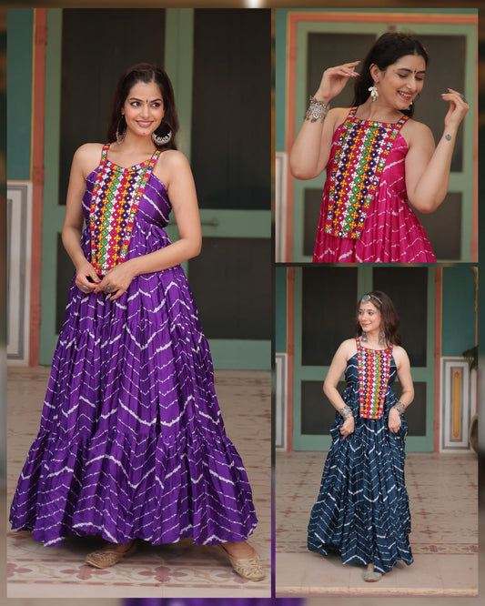 Navratri Wear Leheriya Printed Kutchi Worked Designer Gown