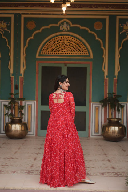 STYLISH NAVARATRI GOWN WITH BANDHANI PRINT AND KUTCHI PATCH WORK