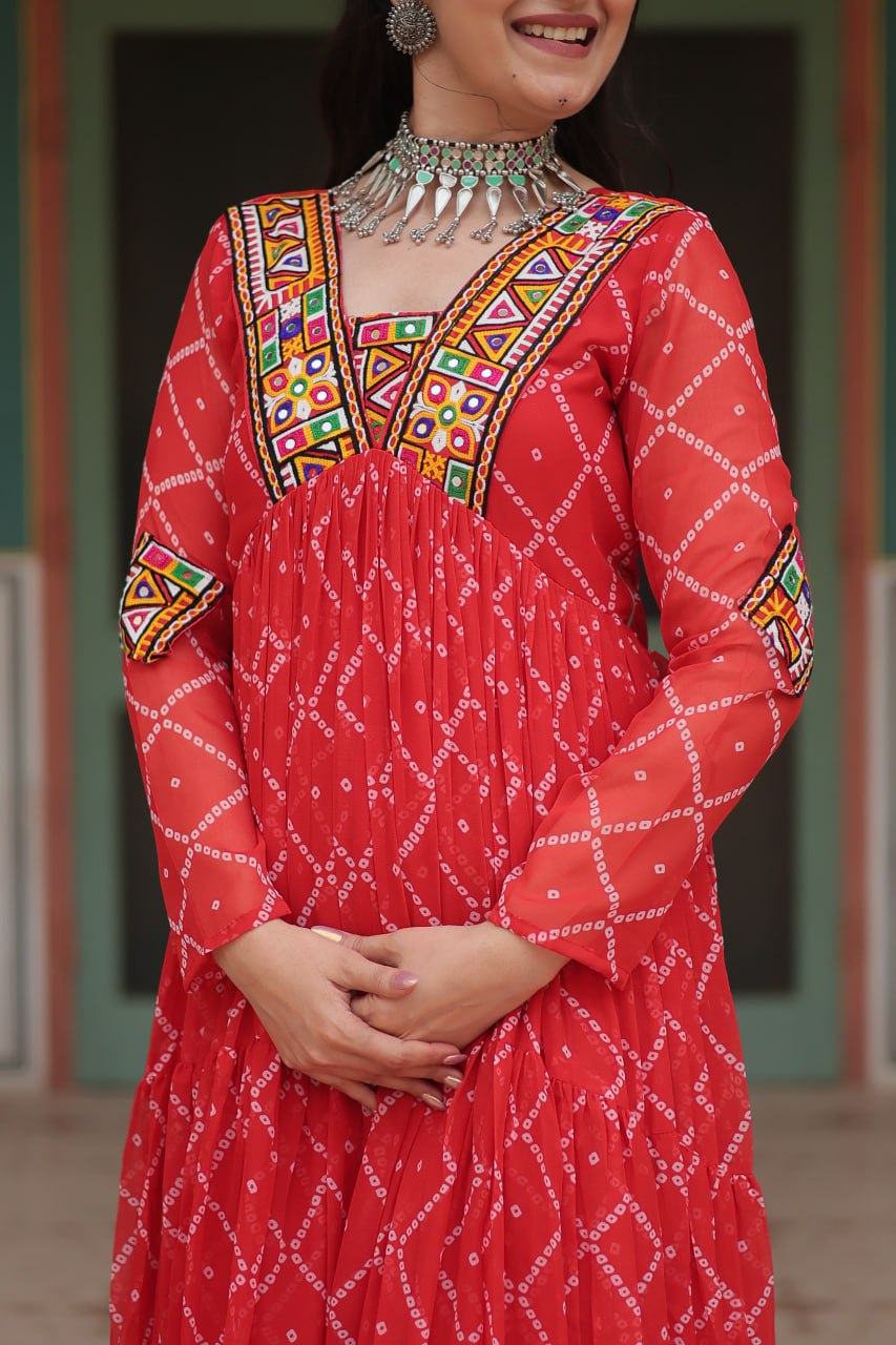 STYLISH NAVARATRI GOWN WITH BANDHANI PRINT AND KUTCHI PATCH WORK