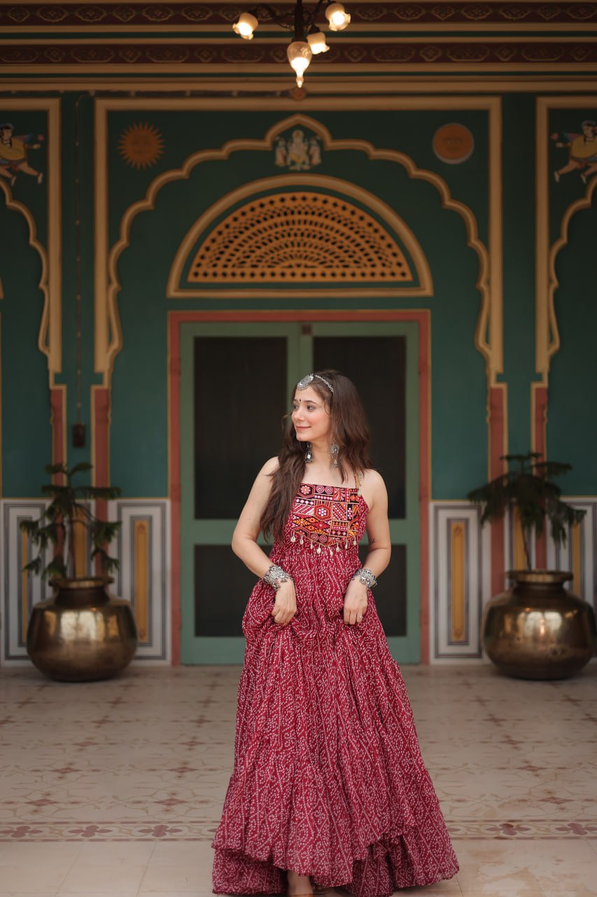 Classy Faux Georgette Bandhani Print With Kutchi Patchework Gown