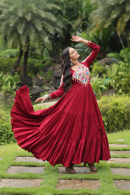 Heavy Flair Inner Cotton Fabric Maroon Gown For Garba