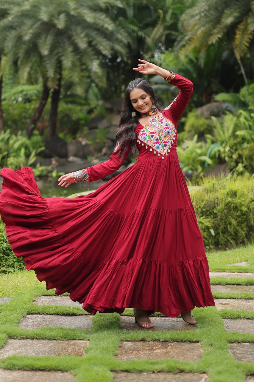 Heavy Flair Inner Cotton Fabric Maroon Gown For Garba