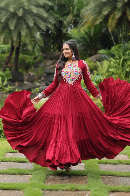 Heavy Flair Inner Cotton Fabric Maroon Gown For Garba