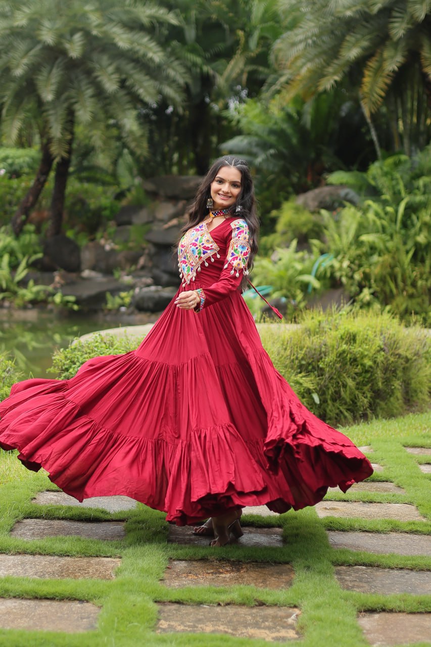 Heavy Flair Inner Cotton Fabric Maroon Gown For Garba