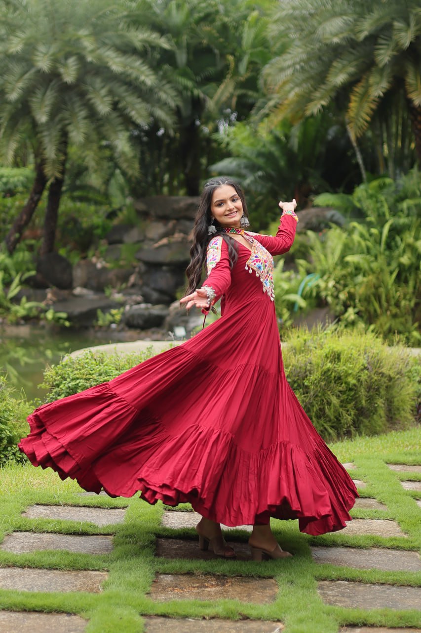 Heavy Flair Inner Cotton Fabric Maroon Gown For Garba