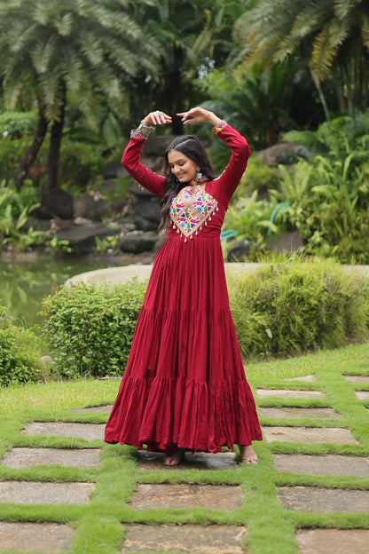 Heavy Flair Inner Cotton Fabric Maroon Gown For Garba