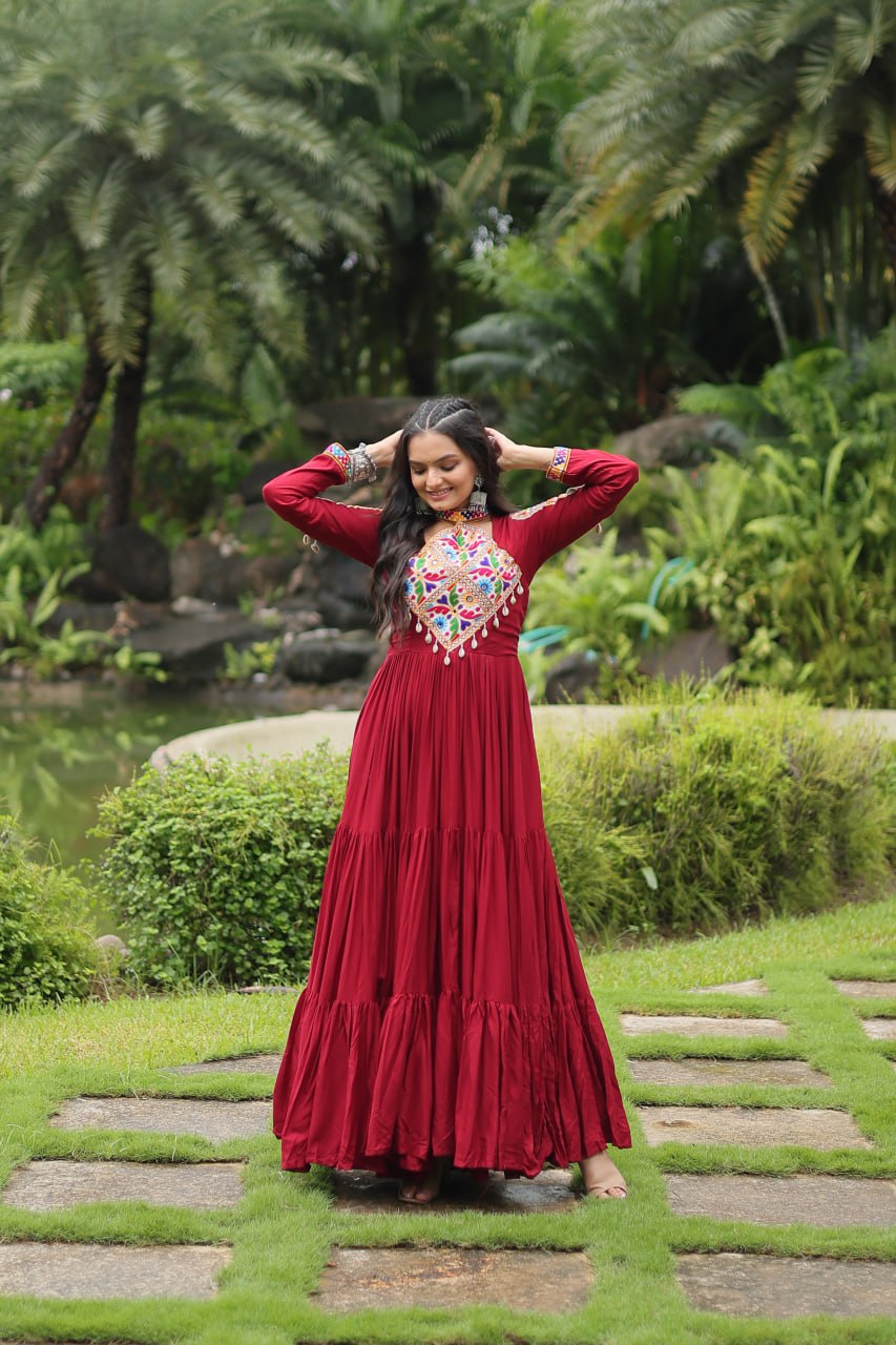 Heavy Flair Inner Cotton Fabric Maroon Gown For Garba