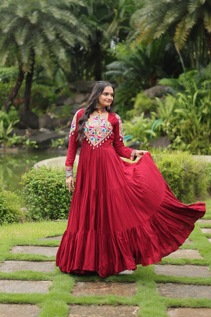 Heavy Flair Inner Cotton Fabric Maroon Gown For Garba