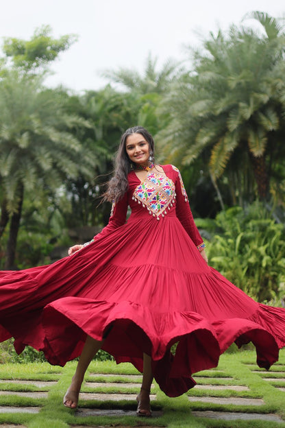 Heavy Flair Inner Cotton Fabric Maroon Gown For Garba