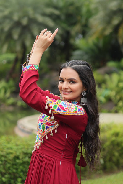 Heavy Flair Inner Cotton Fabric Maroon Gown For Garba