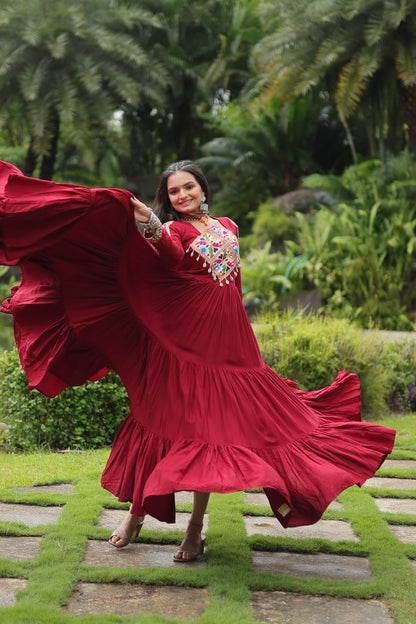 Heavy Flair Inner Cotton Fabric Maroon Gown For Garba