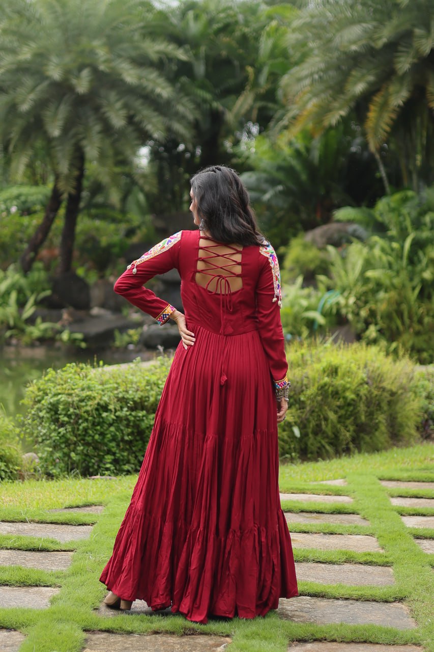 Heavy Flair Inner Cotton Fabric Maroon Gown For Garba