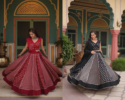 Ready-Made Printed Rayon Lehenga Set with Gota Patti Lace and Matching Dupatta