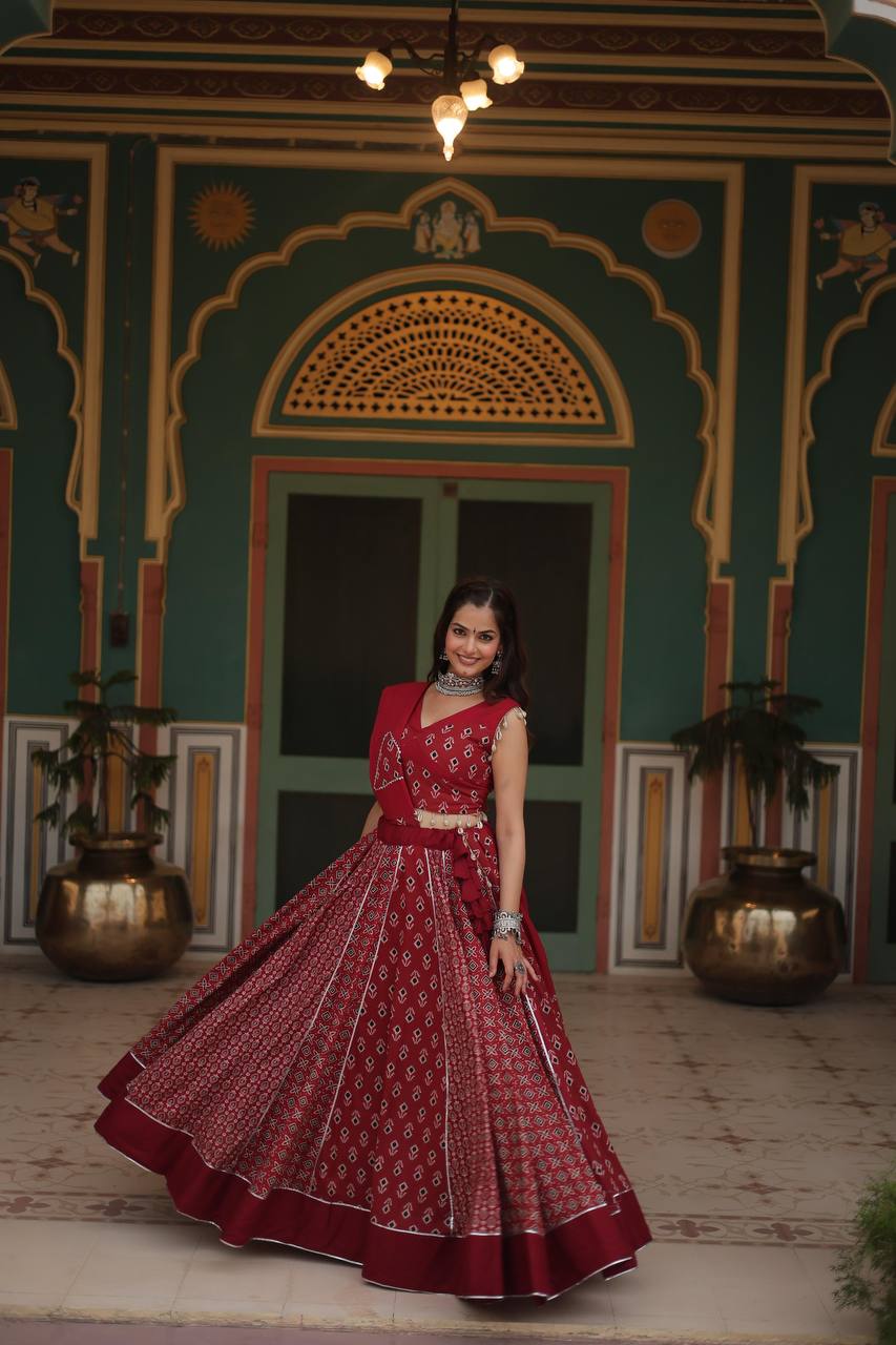 Ready-Made Printed Rayon Lehenga Set with Gota Patti Lace and Matching Dupatta