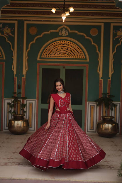 Ready-Made Printed Rayon Lehenga Set with Gota Patti Lace and Matching Dupatta