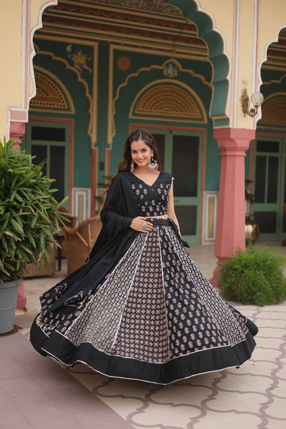 Ready-Made Printed Rayon Lehenga Set with Gota Patti Lace and Matching Dupatta