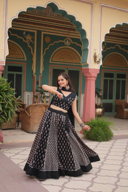 Ready-Made Printed Rayon Lehenga Set with Gota Patti Lace and Matching Dupatta