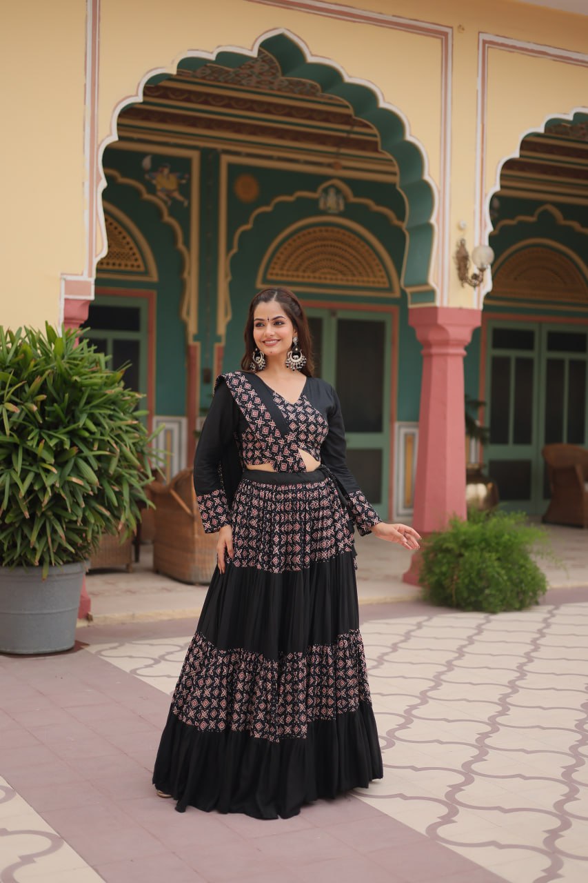 BLACK COLOR RAYON KALI PATTERN NAVRATRI LEHENGA CHOLI