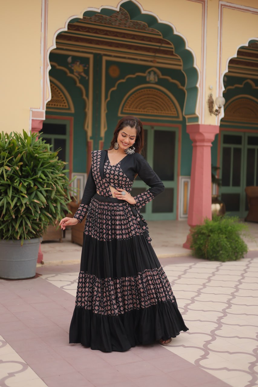 BLACK COLOR RAYON KALI PATTERN NAVRATRI LEHENGA CHOLI