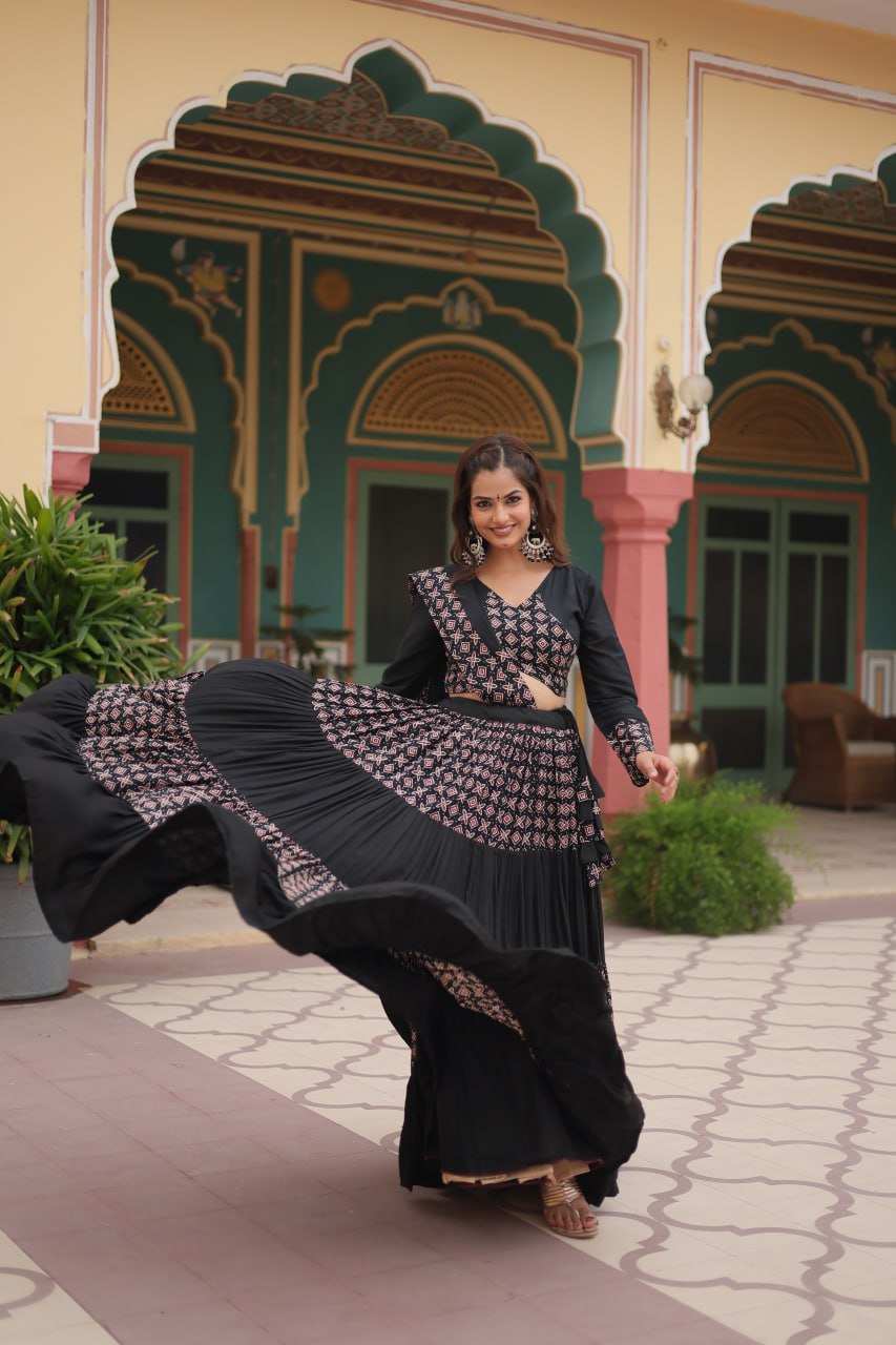 BLACK COLOR RAYON KALI PATTERN NAVRATRI LEHENGA CHOLI