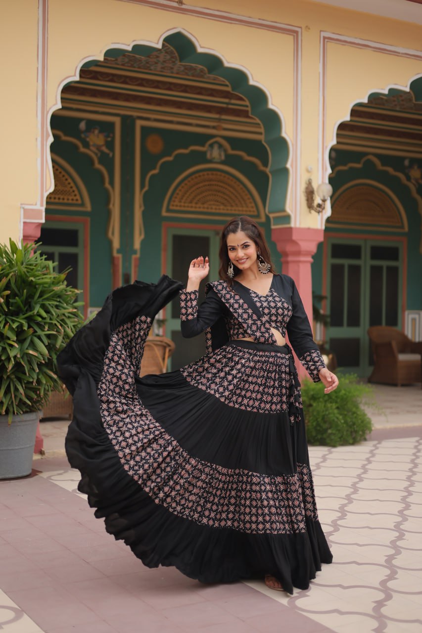 BLACK COLOR RAYON KALI PATTERN NAVRATRI LEHENGA CHOLI