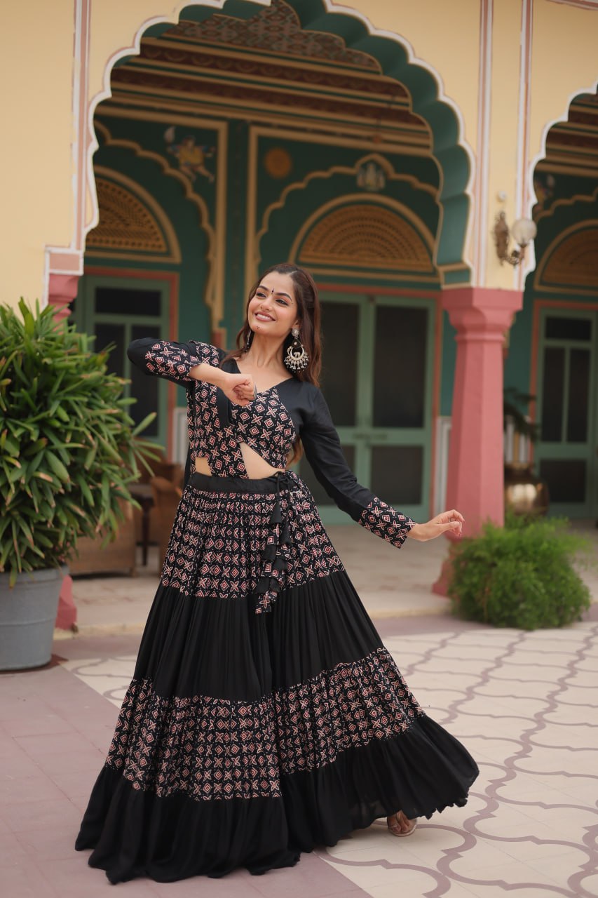 BLACK COLOR RAYON KALI PATTERN NAVRATRI LEHENGA CHOLI