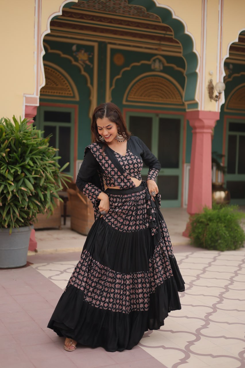 BLACK COLOR RAYON KALI PATTERN NAVRATRI LEHENGA CHOLI