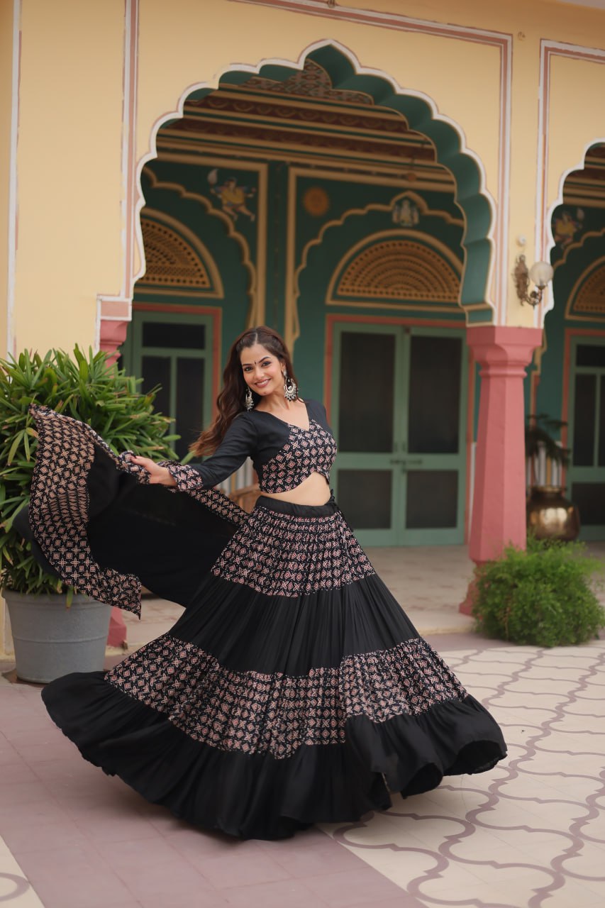 BLACK COLOR RAYON KALI PATTERN NAVRATRI LEHENGA CHOLI