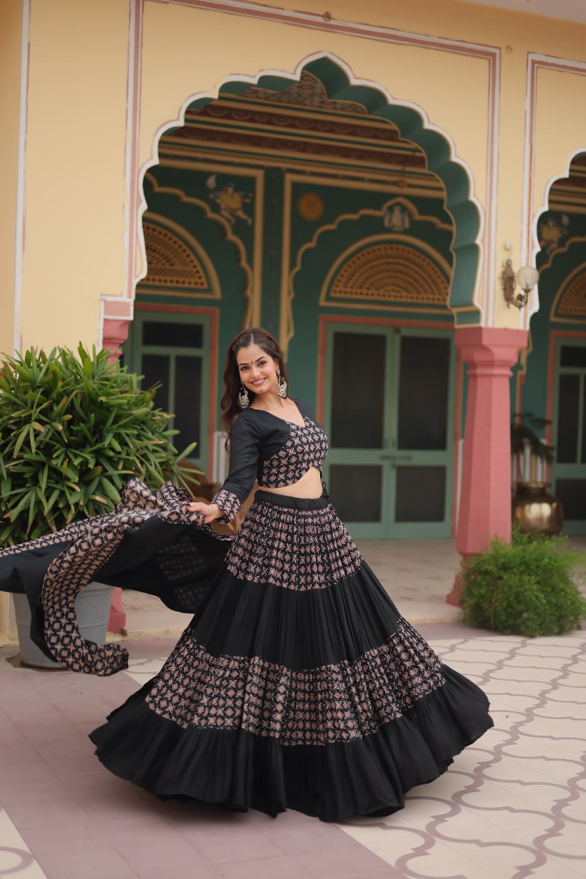 BLACK COLOR RAYON KALI PATTERN NAVRATRI LEHENGA CHOLI