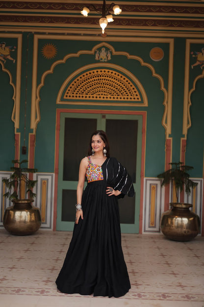 Kutch Embroidered Rayon Gown in Black