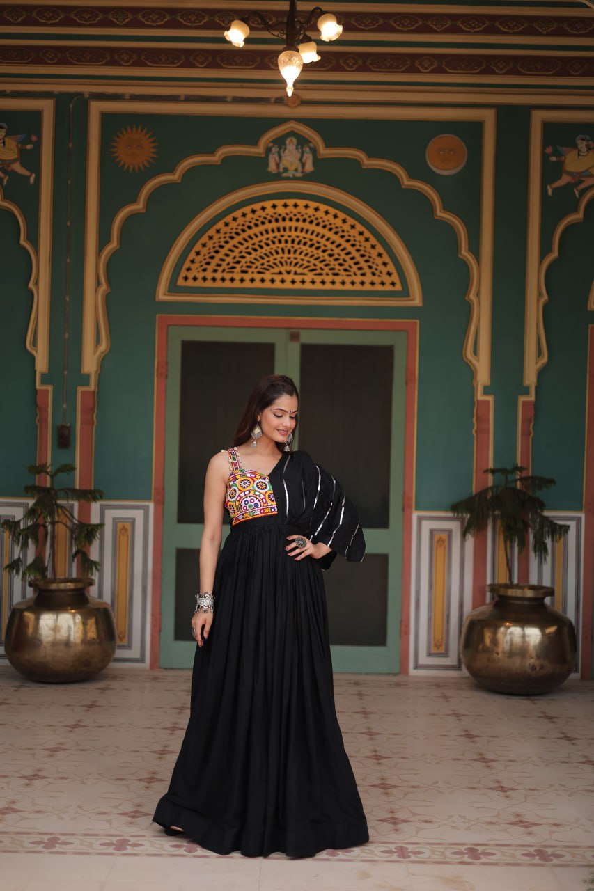 Kutch Embroidered Rayon Gown in Black