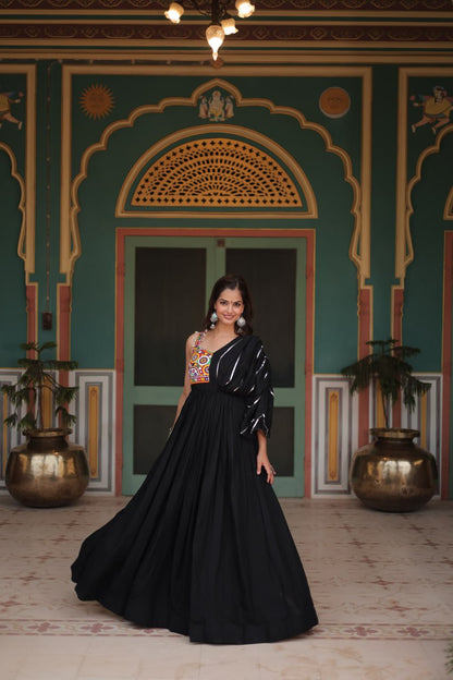 Kutch Embroidered Rayon Gown in Black