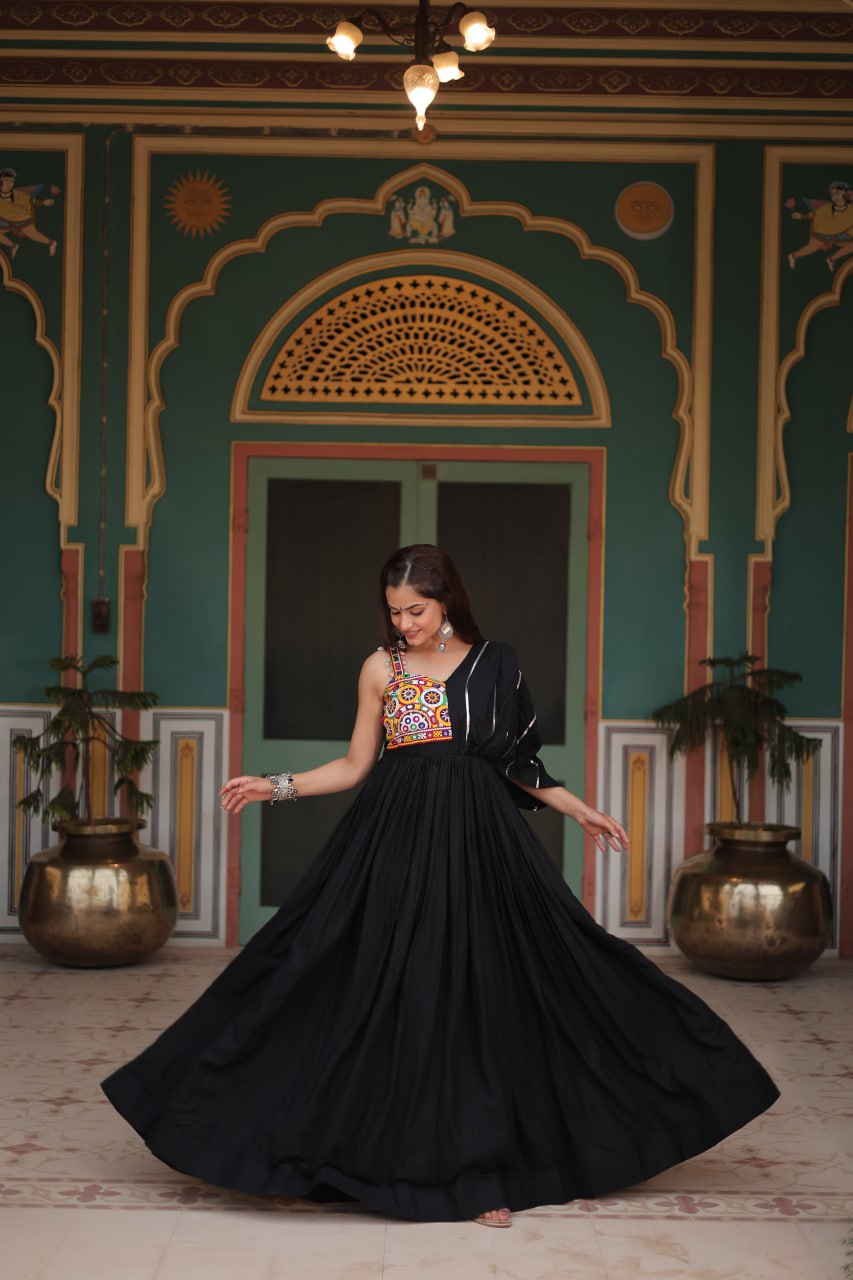 Kutch Embroidered Rayon Gown in Black