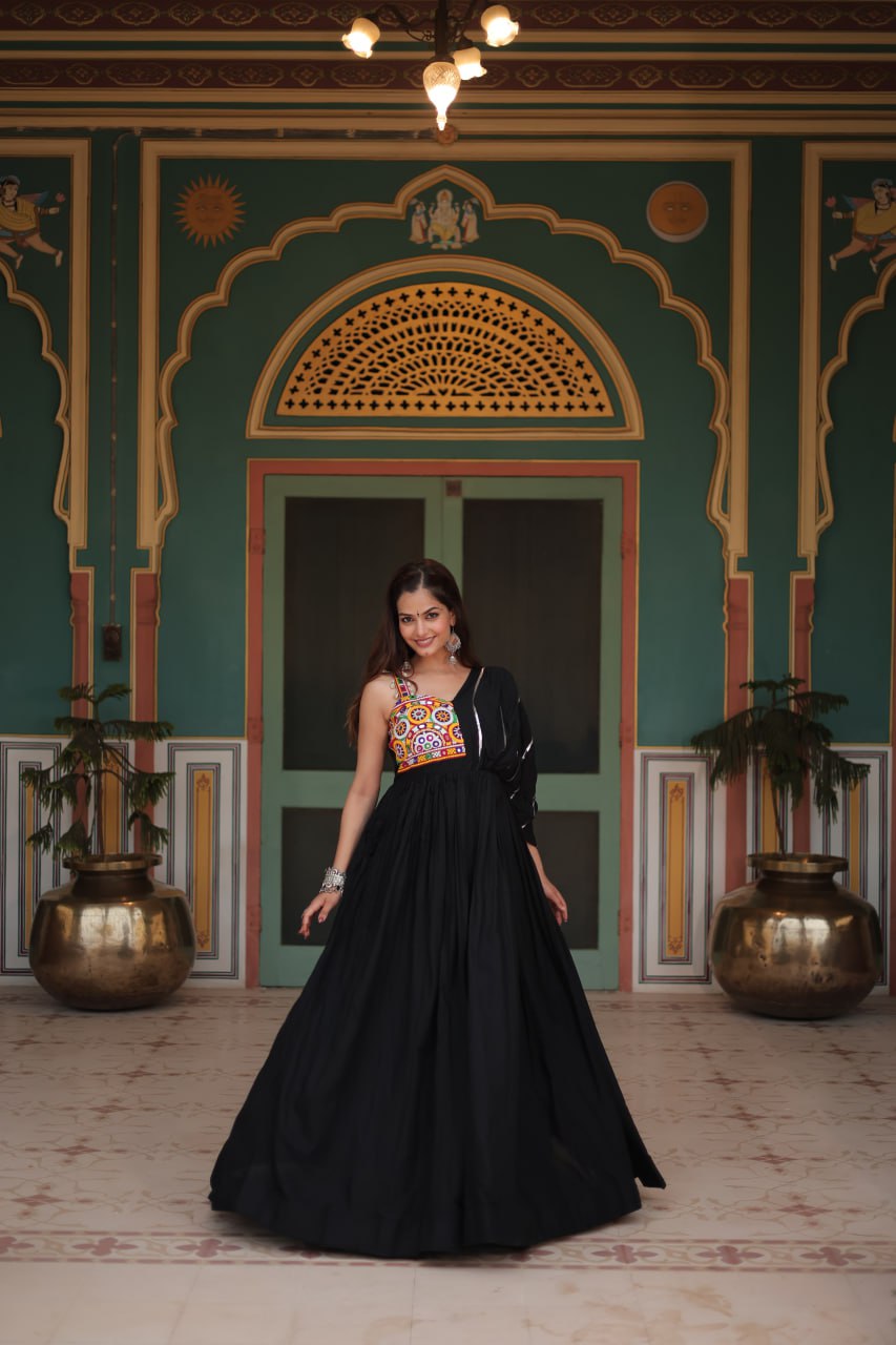 Kutch Embroidered Rayon Gown in Black