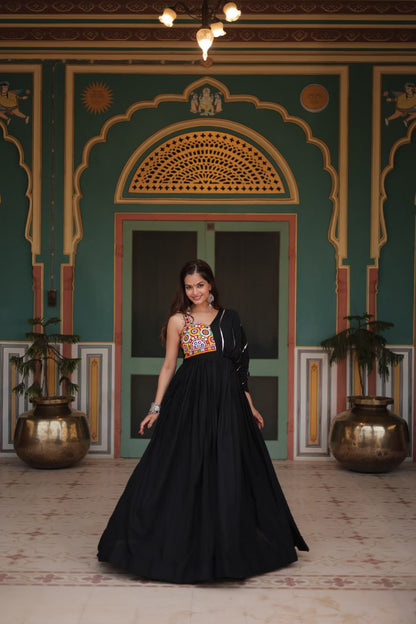 Kutch Embroidered Rayon Gown in Black