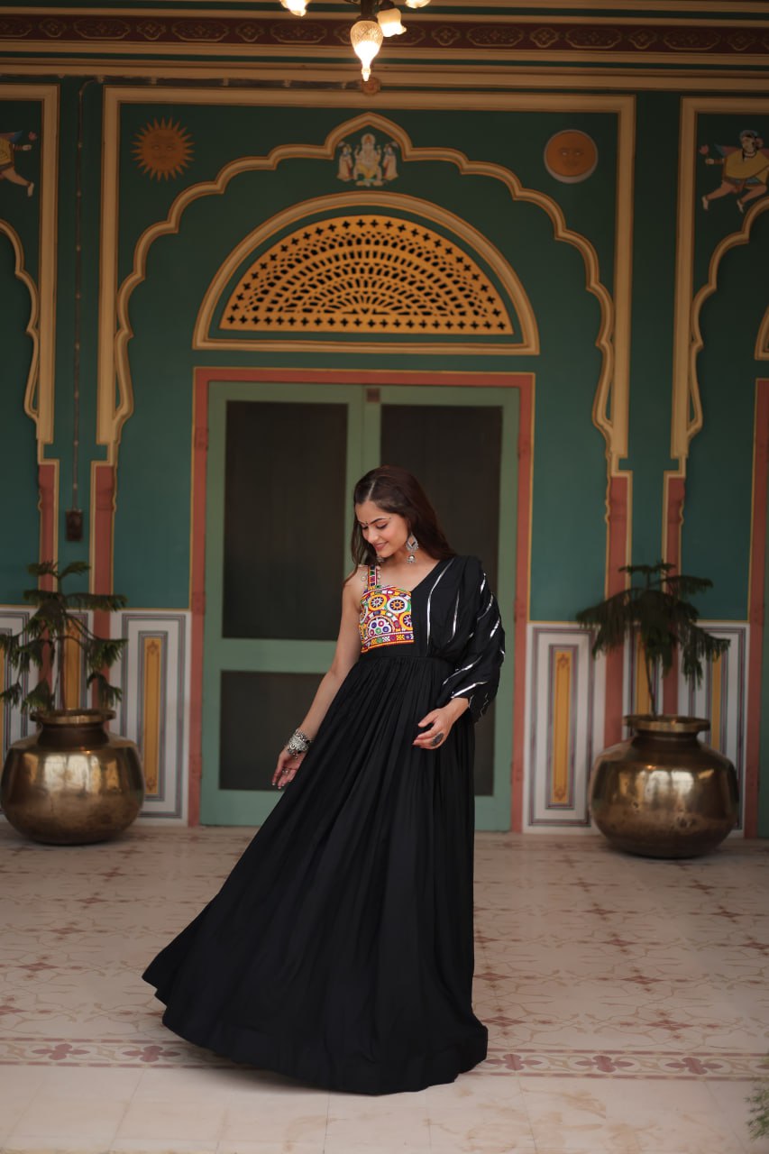 Kutch Embroidered Rayon Gown in Black