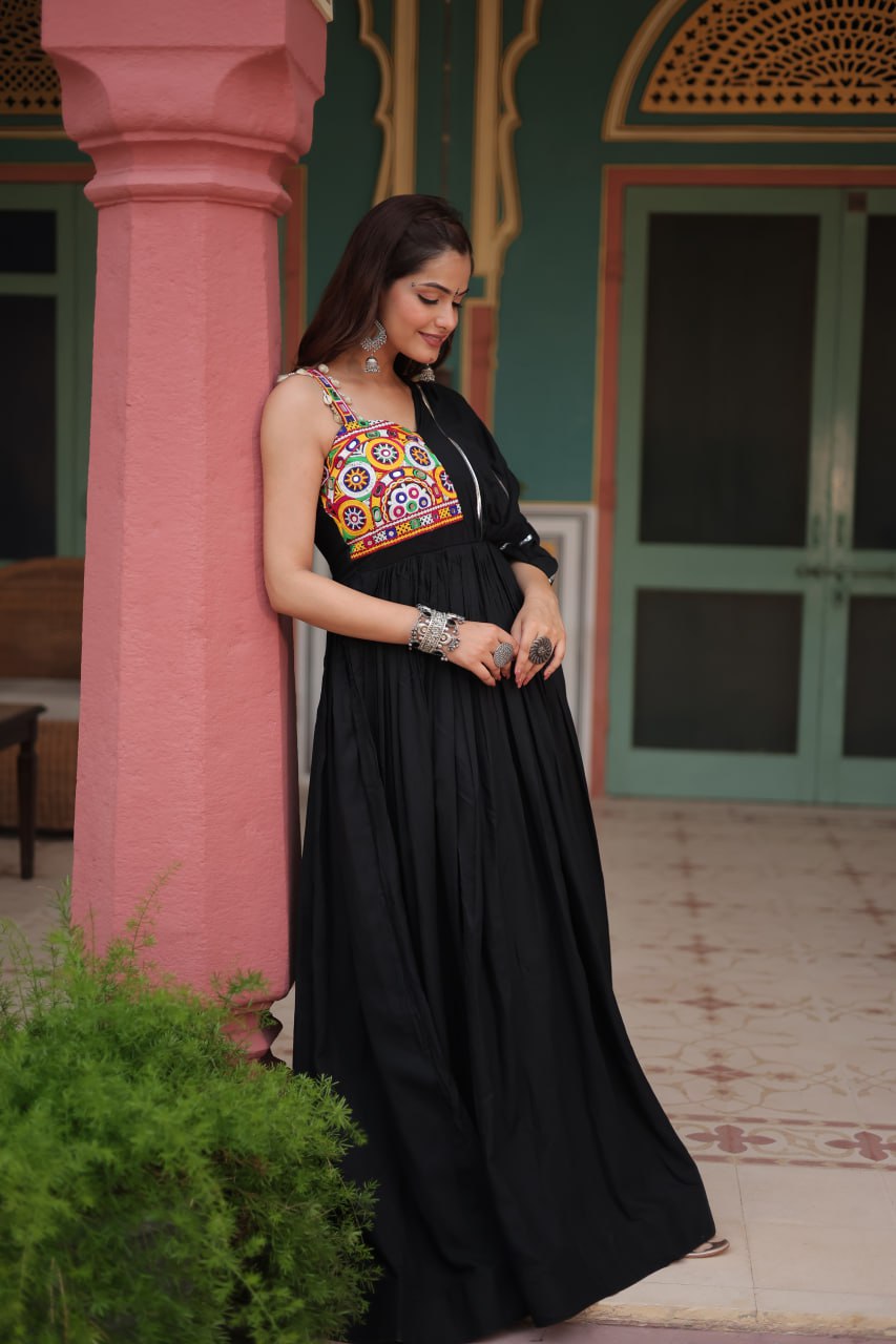 Kutch Embroidered Rayon Gown in Black