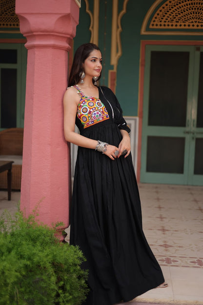 Kutch Embroidered Rayon Gown in Black